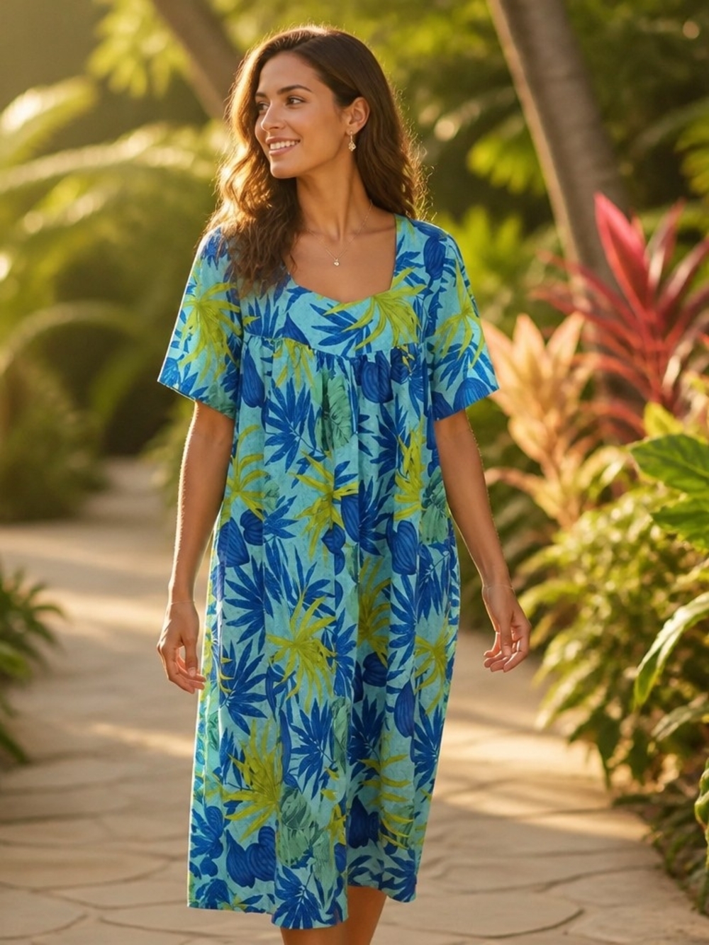 Tropical Blue & Green Floral Swim Cover-Up Dress